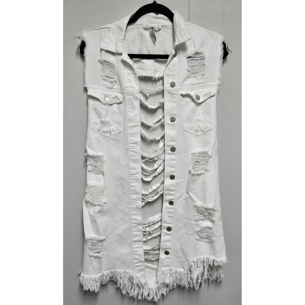 American Bazi White Distressed Longline Denim Vest Shredded Ladder Back Small